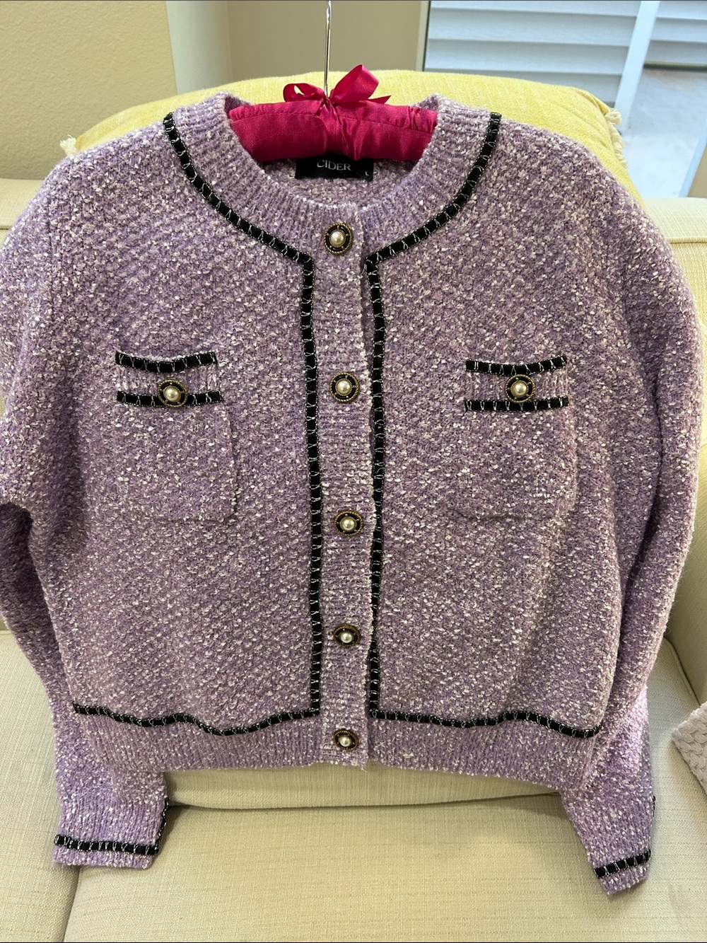 Cider Lavender Bouclé Knit Cardigan with Pearl Button